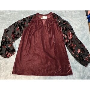 Bohara Marthia Velvet V-Neck Top Sheer Black Sleeves Floral Design Women's SM